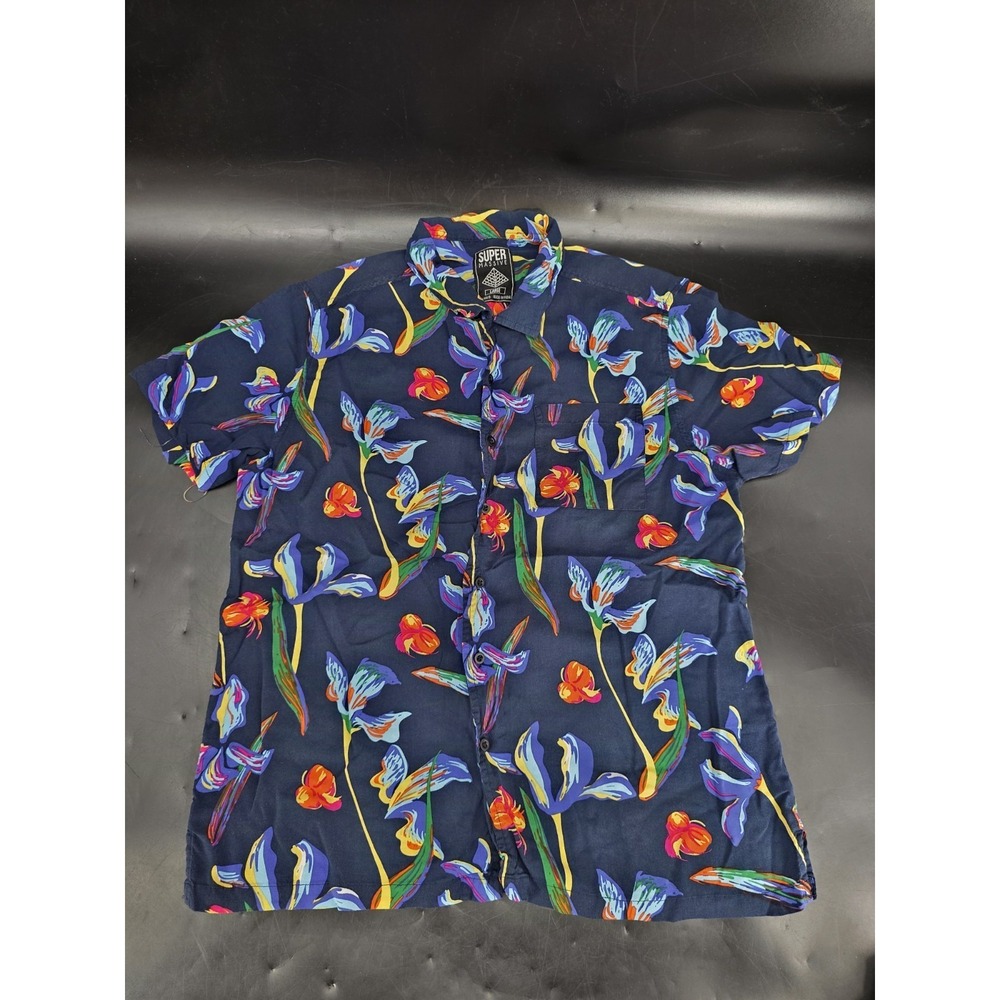 Super Massive Men's Large Button Down Short Sleeve Odyssey Print Shirt Navy